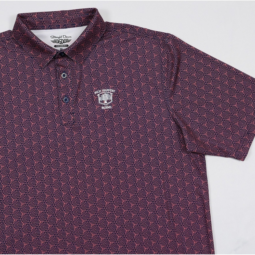 Straight Down x Rich Harvest Farms Performance Polo Mens XL Blue Pink Geometric
